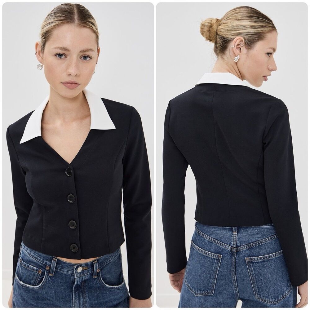 Reformation Pia Knit Top Black Collared Long Sleeve Button Up Size Small